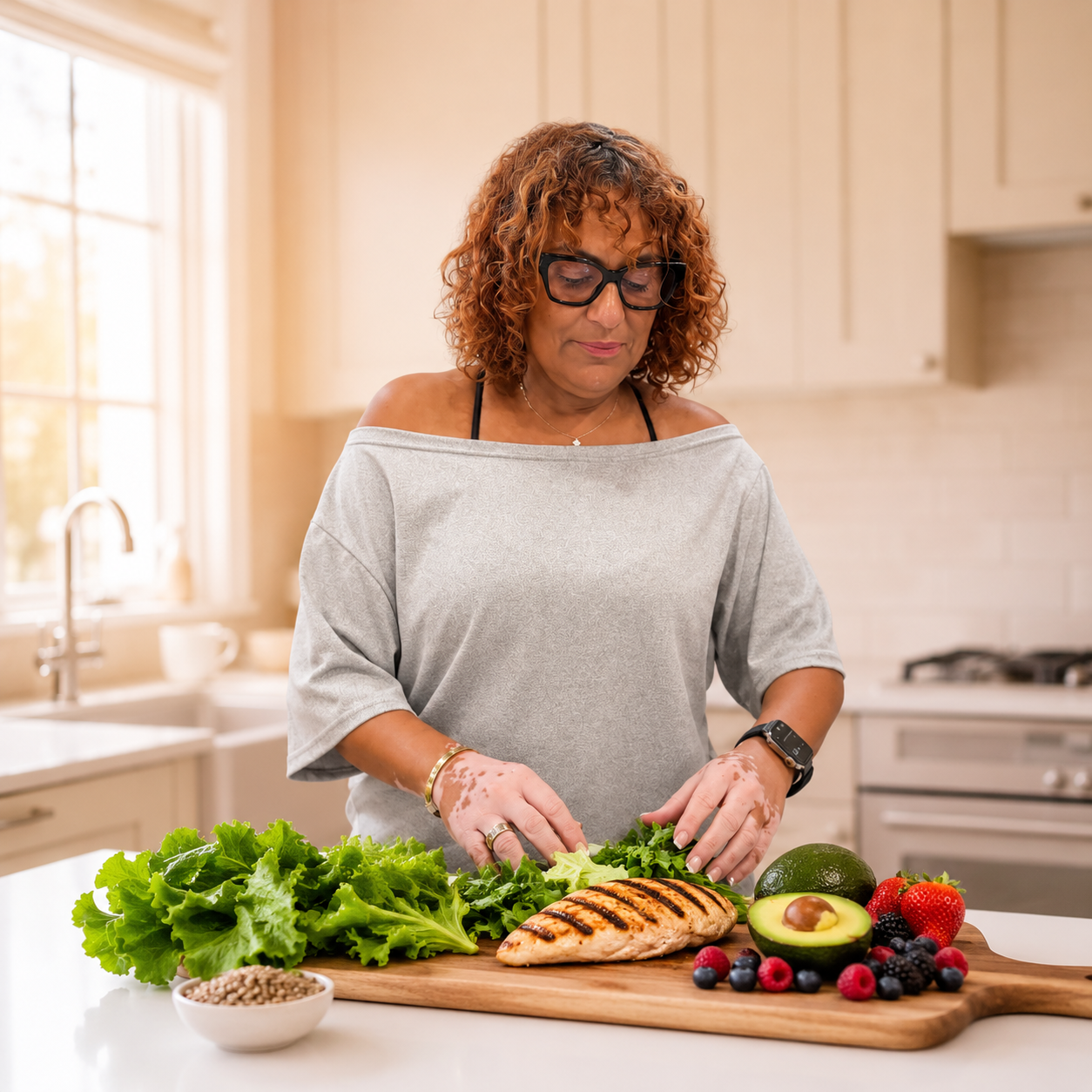 Wellness coach preparing a fresh, high-protein meal in a bright kitchen